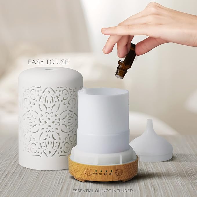 Earnest Living Essential Oil Diffuser Gift Set White Ceramic Diffuser 100 ml & Essential Oil Set Timers Night Lights Auto Off for Women