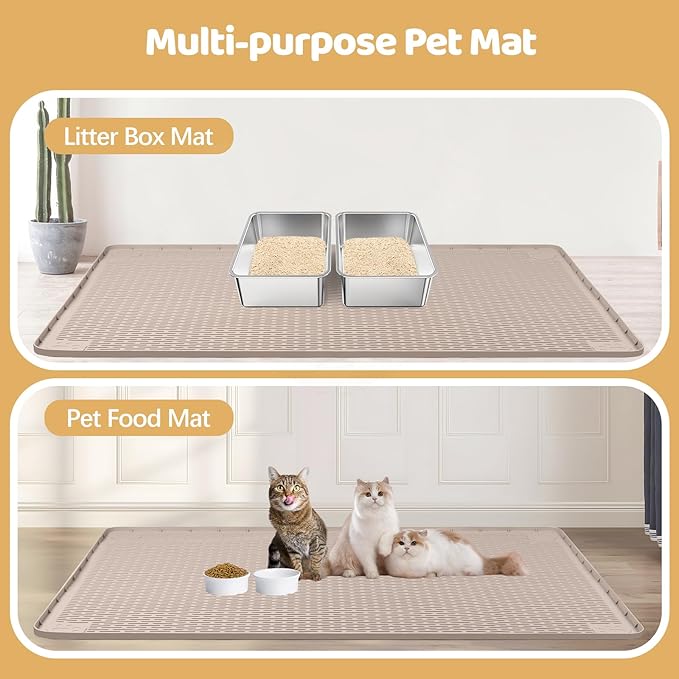 Bartuke Cat Litter Mat, XXL Extra Large 50" x 35" Silicone Mat Litter Trapping Mat for Scatter Control, Soft on Kitty Paws, Easy to Clean (Khaki)