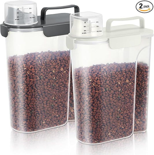 5-7Lbs Cat Dog Storage Container, Portable Pet Food Containers with Upgraded Large Spout and Cup, Small Animal Kibble Dispenser for Bird Seed, Oatmeal, Rice, Flour (White & Black)
