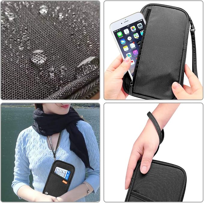 RFID Passport Wallet with Vaccine Card Slot, Family Travel Passport Holder Document Organizer Bag with Wrist & Neck Double Strap