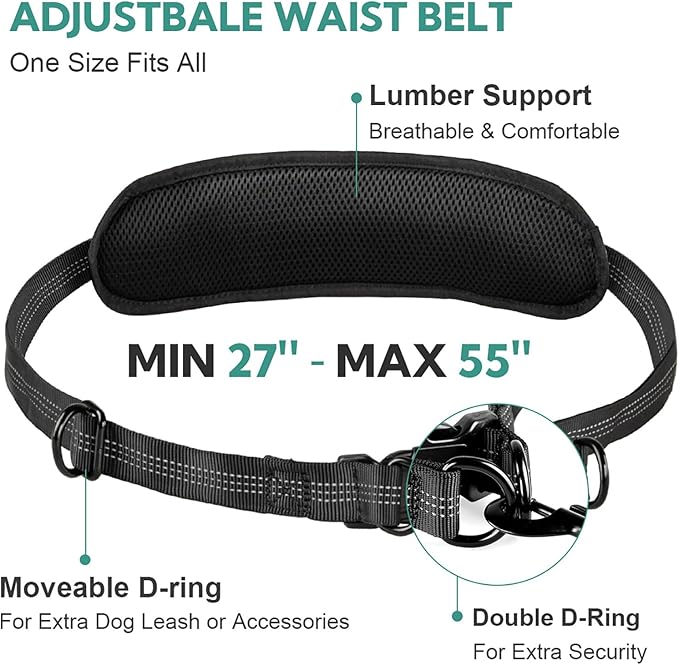 Hands Free Dog Leash with Pouch, Adjustable Waist Belt with Double Padded Handles, Waist Leash for Dog Walking Accessories, Olive