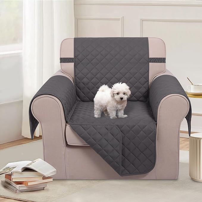 U-NICE HOME Recliner Chair Covers Reversible Chair Cover Pet Covers for Dogs with Elastic Straps Water Resistant Diamond Quilted (23''Armchair, Dark Grey/Dark Grey)