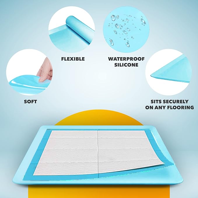 TidyFriend Dog Pee Pad Holder Tray - Fits Up to 24” x 24” Pee Pad Holder for Dogs - Stable Grip, Raised Edges, Quick-Wipe Silicone Surface Dog Pad Holder for Indoor Flooring Protection (Sky Blue)