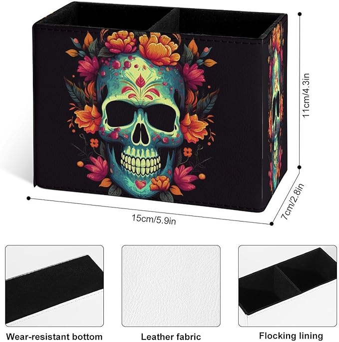 Famame Colorful Skull with Flowers Pencil Holder for Desk, Leather Desktop Container Pen Cup Storage Study Table Pen Organizer Makeup Brush Holder for Classroom Office Home