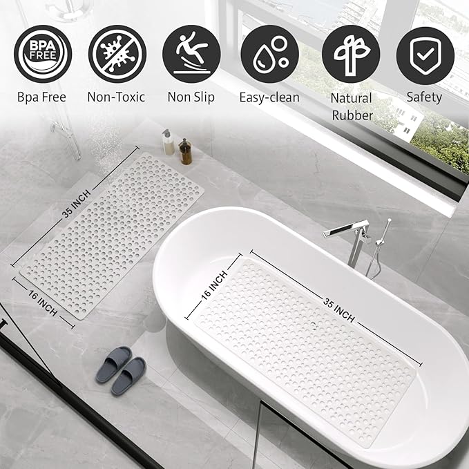 XIYUNTE Shower Mat Non Slip Bath Mat for Tub - 35" x 16" Soft TPE Bathtub Mat Non Slip Shower Mats for Inside Shower, Anti Slip Shower Mat with Suction Cups, Quick-Drying Bath Tub Mat, White
