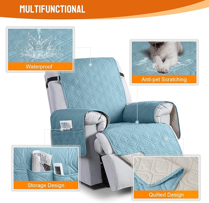 VANSOFY 100% Waterproof Recliner Chair Covers, Recliner Cover Non-Slip Dog Chair Cover Furniture Protector Washable Slipcover with Pocket, Elastic Straps for Pets, Dogs(Azuree, 28")