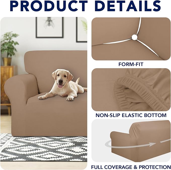PureFit 100% Dual Waterproof Couch Cover Slipcovers for Couches and Sofas - Stretch Non Slip Fleece Sofa Covers Washable, Leakproof Furniture Protector for Kids, Pets, Dog (Oversized Sofa, Camel)