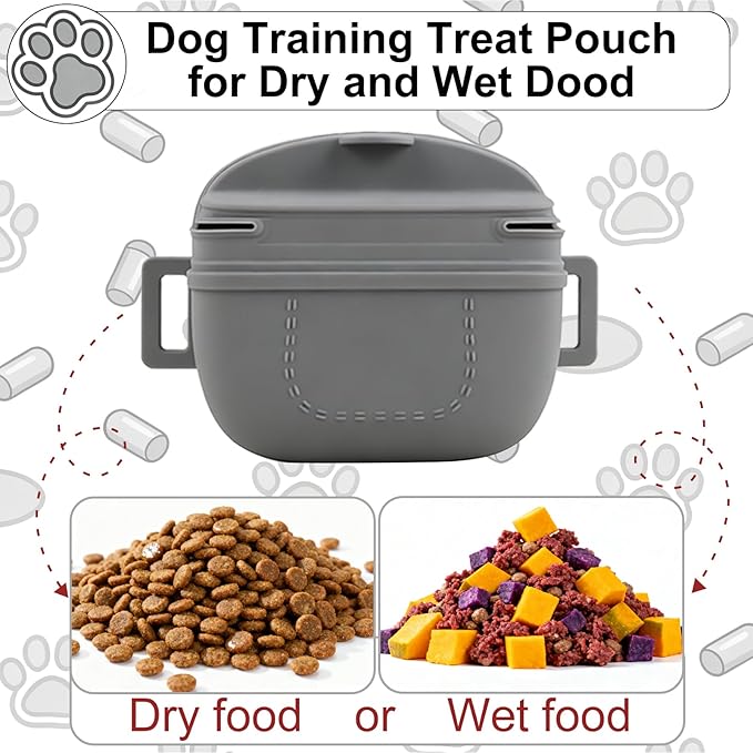 Upgraded Dog Treat Pouch, Stronger Magnetic Closure to Prevent Spilling, 1.7 Cup Silicone Fanny Pack with Waist Belt for Dog Training Walking(Gray)