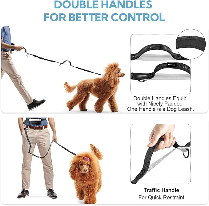 Hands Free Dog Leash with Pouch, Double Leash for Two Dogs, Retractable Bungee with Double Padded Handles, Dog Waist for Dog Walking,Dog Walking Accessories,Black Grey
