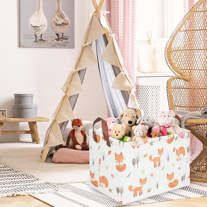 FXOCSHE Rectangle Fox Basket,Collapsible canvas waterproof storage basket,Toy Organizer,Laundry Baskets for Kid Rooms,Baby Room decor,Toy Baskets,Woodland Nursery Decor(Fox)
