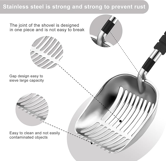 Cat Litter Scoop, Metal Litter Scooper with Deep Shovel, Scooper Long Handle Detachable Components Stainless Litter Scooper，Large Durable Cat Litter Shovel with Foam Pad Grip(Silver Color)