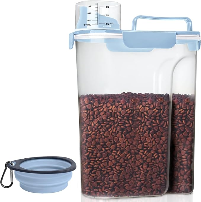 LEAWALK 5-7Lbs Small Cat Dog Food Storage Containers BPA Free, Airtight Pet Food Storage Containers with Large Pour Spout/1 Measuring Cup/ 4 Safety Locks and double-layer silicone strip (Elegant Blue)