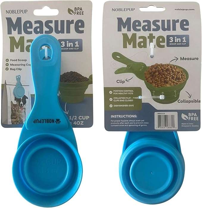 MeasureMate Pet Food Scoops with Bag Clip for Dog and Cat - 3-in-1 Multi-Function Collapsible Food Measuring Cup - 1/2 Cup Capacity, 4oz, Blue - Dishwasher Safe