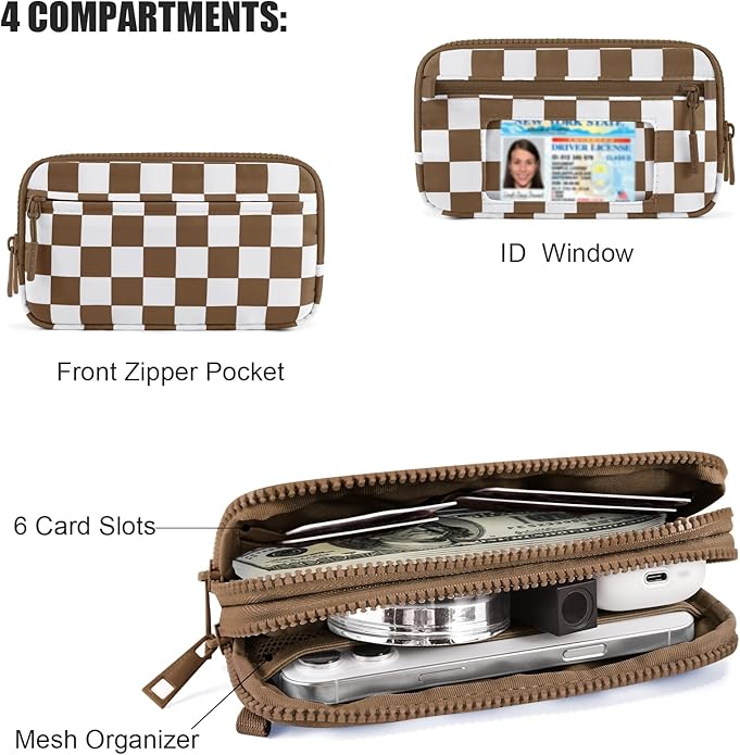 Checkered WristleWallets for Women, RFID Wallet Crossbody with 4 Zippers, Credit Card Holder Cell Phone Organizer