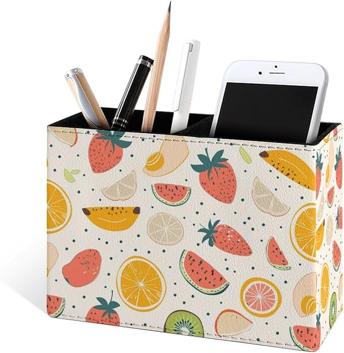 Famame Fruits Orange Strawberry Pencil Holder for Desk, Leather Desktop Container Pen Cup Storage Study Table Pen Organizer Makeup Brush Holder for Classroom Office Home
