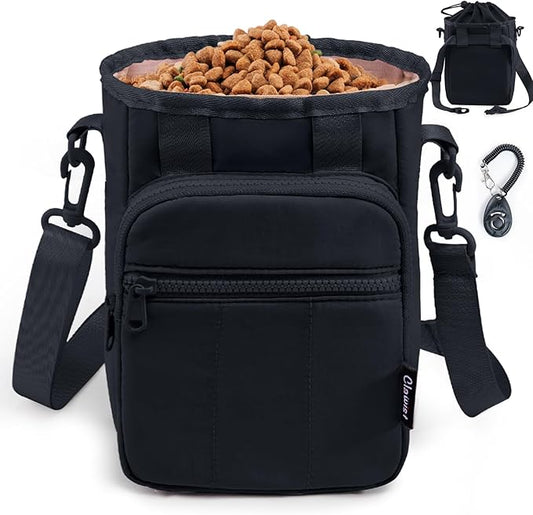 Stylish Dog Training Treat Pouch with Waist & Shoulder Strap, Dog Treat Bag for Walking and Training, Removable Waterproof Liner, Drawstring Treat Holder with Front Pocket & Clicker
