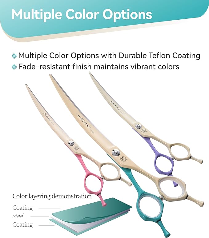 Fenice Peak Curved Dog Grooming Scissors with Coating 440C Stainless Steel, 7 inch Professional Curved Shears Dog Grooming，25 Degree of Curved Blade，Pet Shear for Trimming Face and Paws, Green & White