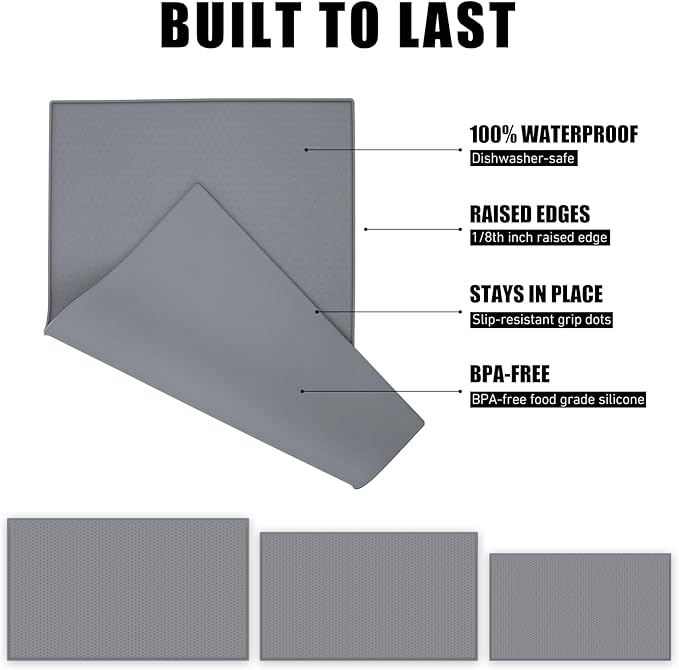 Premium Silicone Dog Food Mat,Dog Bowl mat, Pet Food pad- Anti-Slip Pet Food Mat for Dogs and Cats - Waterproof and Easy to Clean Gray -24 * 16IN