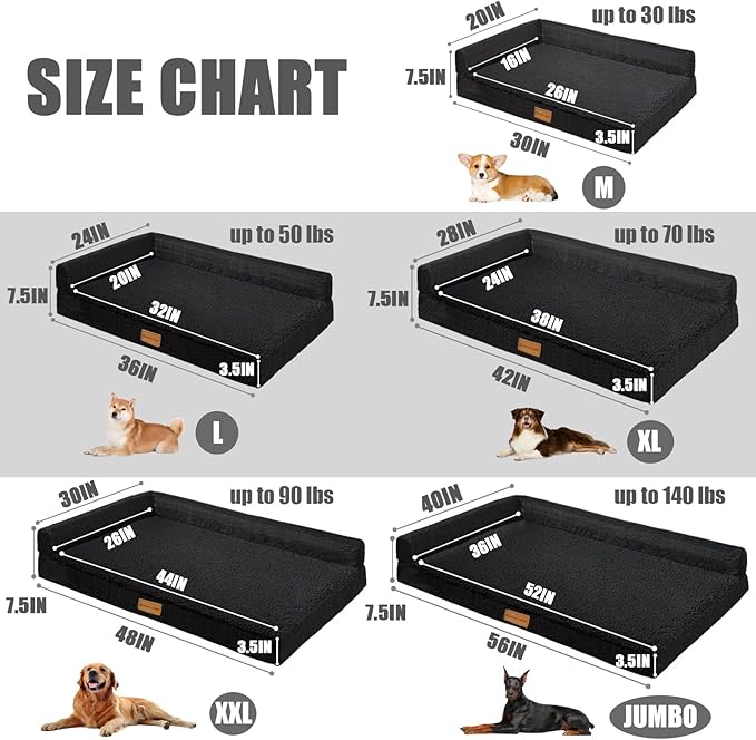 Patas Lague Orthopedic XL Dog Bed Large Sized Dog 42''X28'', Waterproof L Bolster Big Large Pet Sofa Beds with Removable Washable Cover, Soft Pet Couch Crate Mat with Nonskid Bottom, Black