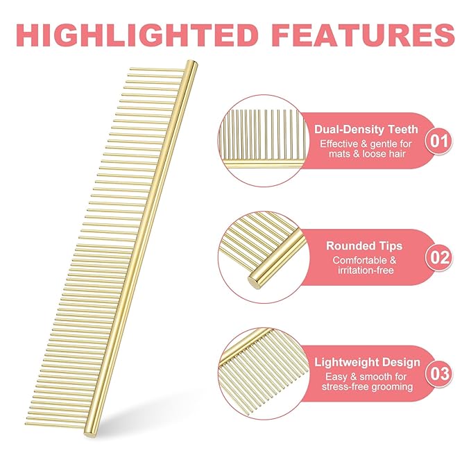 PETAXCELL Dog Cat Comb, Pet Combs Stainless Steel Teeth with Rounded Ends for Knots Mats Loose Hair Removal, 6.5/7.5IN (Gold Plated, 2 Pack), Grooming Tool Intended for Long Curly Hair Pet