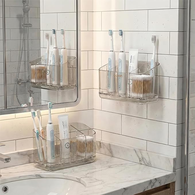 Toothbrush Holder for Bathroom Wall Mounted, 5 Slots Acrylic Toothbrush and Toothpaste Organizer with Removable Dividers Large Capacity Electric Toothbrush Holder for Bathroom Accessories, Smoke Grey