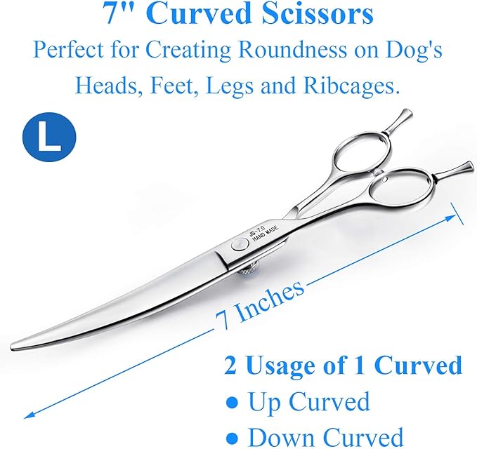 JASON Left Handed 7" Dog Grooming Scissors Set, 3 in 1 Ergonomic Blending, Curved, Straight Cat Pet Hair Trimming Thinning Professional Kits with Offset Handle and a Jeweled Screw