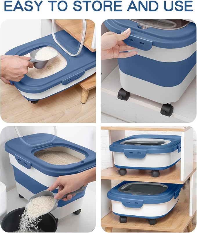 DDMOMMY 20-30 Lbs Rice Storage Container,Collapsible Food Storage Containers with Rolling Wheel Airtight Locking Lid,Flour Storage Container with Cup and Scoop,Suitable for Food,Rice,Pet Food,Flour