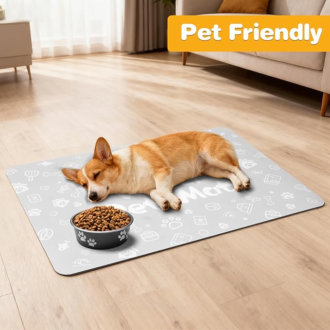 Pet Feeding Mat,Dog Cat Mat for Food and Water,Dog Bowl Waterproof Placemat with Rubber Backing,Absorbent Quick Dry Water Dispenser Mat for Pet（Light Gray 17"×29"）
