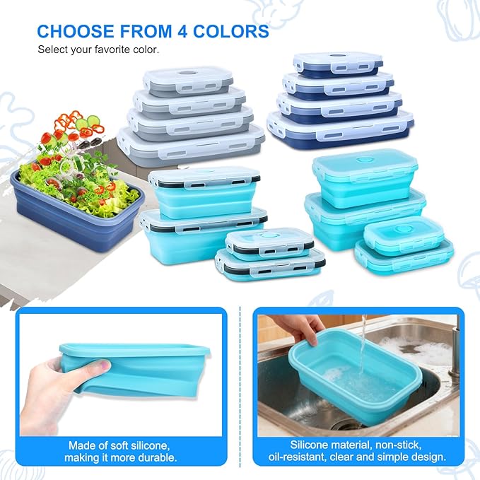 4 Set Collapsible Food Storage Containers Silicone Lunch Container with Lids Collapsible Lunch Box Food for Camper Leftovers Snacks Meals Dorm Kitchen Microwave Blue with Gray Edges