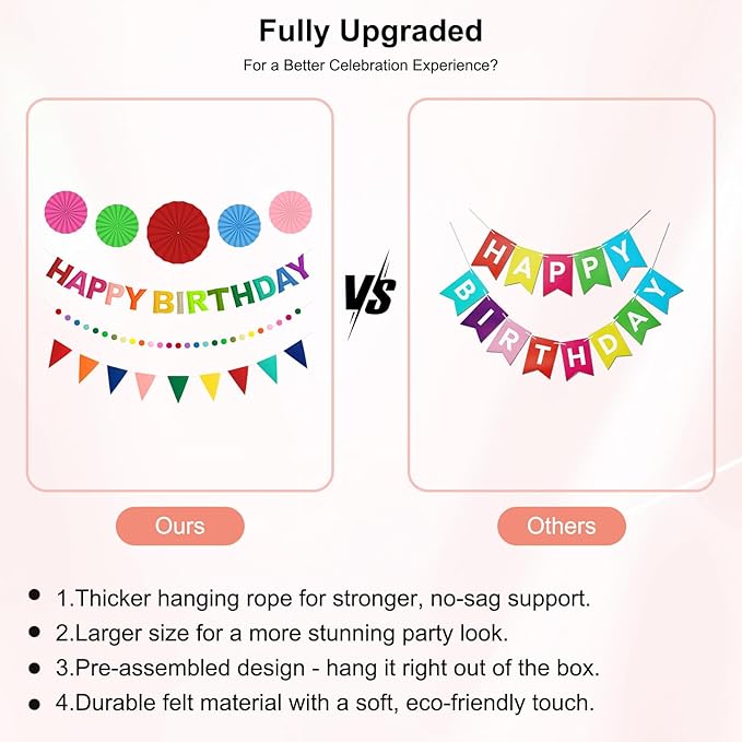 Pre-Strung 3D Felt Happy Birthday Banner, Reusable Rainbow Birthday Party Decorations for Kids Adults, Happy birthday Sign with Felt Ball Garland, Pennant Flag, Hanging Paper Fans