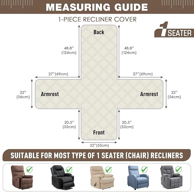 TAOCOCO 100% Waterproof Recliner Chair Covers, Non Slip Recliner Covers for Recliner Chair with Pocket, Washable Reclining Chair Cover Furniture Protector for Kids,Dogs(22'', Gray Taupe)