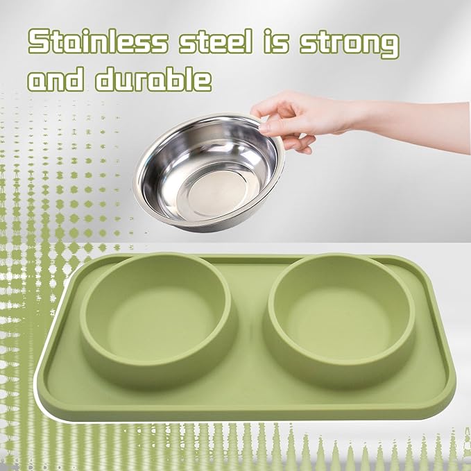 MUYG Double Dog Food Bowls Stainless Steel with No Spill Non Skid Silicone Mat Removable Dog Water and Food Bowls Set Durable Feeding for Small Dogs Puppy Cat Kitten(Green)