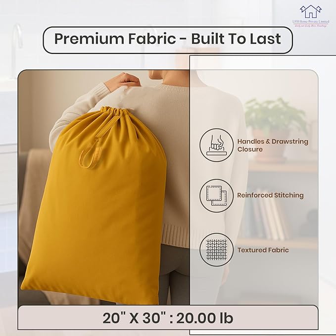 LFH Home Large Premium Cotton Canvas Laundry Bag with Drawstring and Handles Heavy Duty, Multi-Use, and Washable for Home, Travel, College or Storage 20x30 (Pack of 4)-Yellow