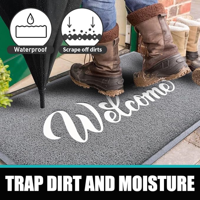 T.HENV Welcome Mat Outdoor, 2 Pack 32x20 Waterproof All-Season Front Door Mat Outside Entrance, All-Weather Quick Drying, Low Profile Doormat Indoor, Patio Porch Entryway Mat, Grey-White