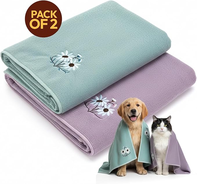 Microfiber Pet Towels 2-Pack – Ultra Absorbent, Quick-Dry Dog & Cat Towels for Bathing, Grooming & Travel – Soft, Lightweight, Machine Washable Pet Drying Towels- POM Pets