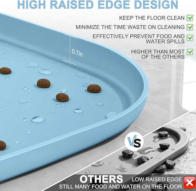 SMILOOL Silicone Pet Feeding Mat with Raised Edge for Food and Water, Dog Bowl Mats, Cat Bowls Placemat with High Lip for Floor Waterproof, Rubber Tray for Cats and Dogs 12 x 12 x 0.7 Light Blue