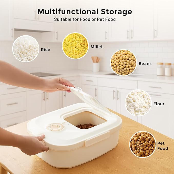 45-50lbs Dog Food Storage Container, Large Capacity Collapsible Airtight Pet Food Storage Containers with Rolling Wheels, Transparent Lid, Scoop and Date Track, Brown