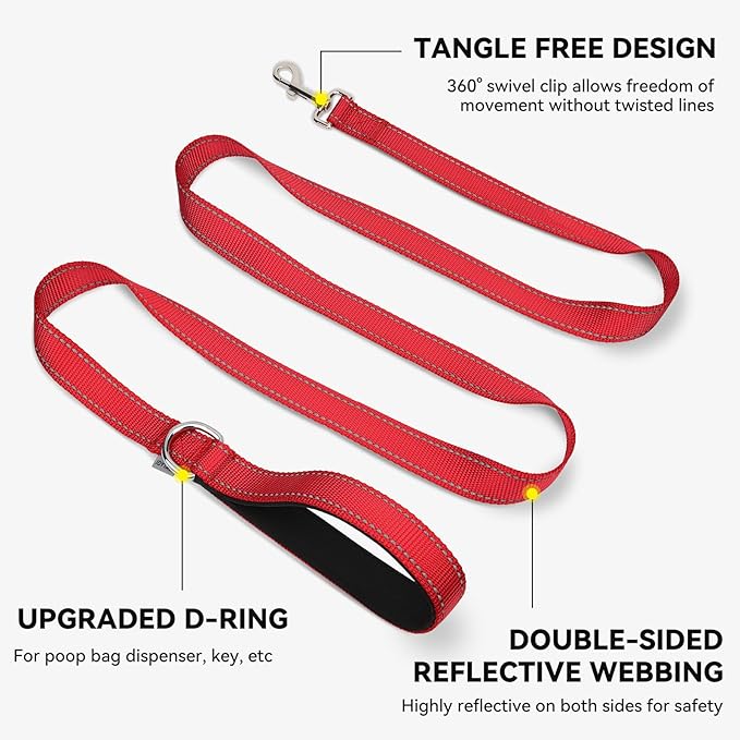 Joytale Dog Leash, 5 FT Double-Sided Reflective, Padded Handle Nylon Heavy Duty Leashes for Small Dogs Walking, Red