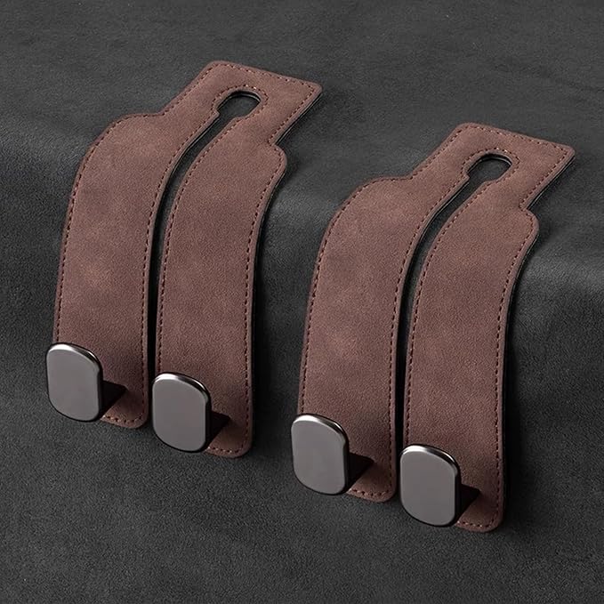 2 Pack Car Seat Back Storage Hook, Headrest Hooks for Car with Metal Hooks, Premium Suede Leather Car Headrest Hooks Universal Car Seat Hooks for Purses, Bags & Groceries(Brown)