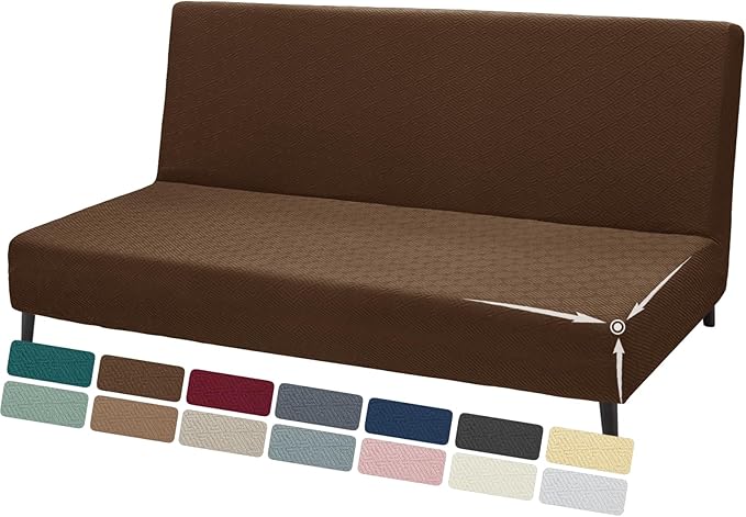 ZNSAYOTX Stretch Fit Futon Cover (67"-82") Armless Futon Sofa Bed Slipcover with Elastic Band, Universal Foldable Sofa Mattress Protector Full Queen Size, Washable Comfort Jacquard (Dark Coffee)