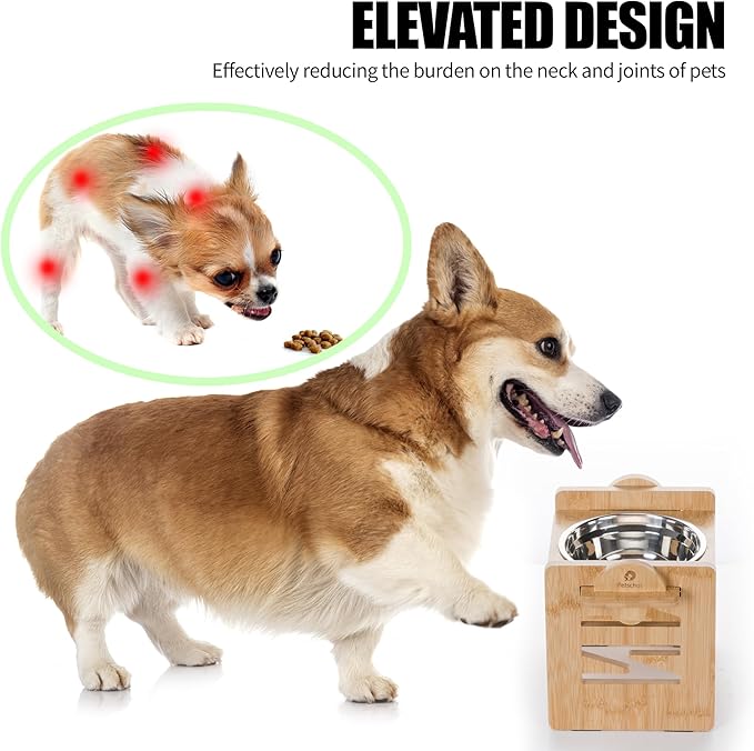 Elevated Dog Bowl, 6 Heights Adjustable Raised Dog Bowl 2.4″-6.7″, with Food Grade 304 Stainless Steel 15 OZ, Bamboo Dog Bowl Stand for Small & Medium Dogs Cats, 1 Pack