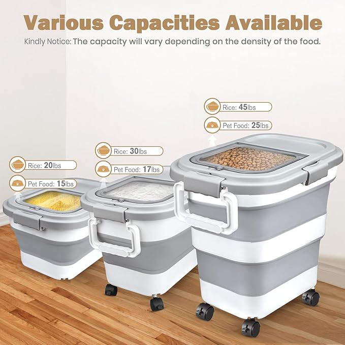 Komzon Rice Storage Container, Collapsible Airtight 10-40 Lb Rice Storage Container, Pet Dog Food Storage Container 25lb, Rice Dispenser Bin with Cup and Scoop for Flour Cereal Pasta Grain, Cat Bird