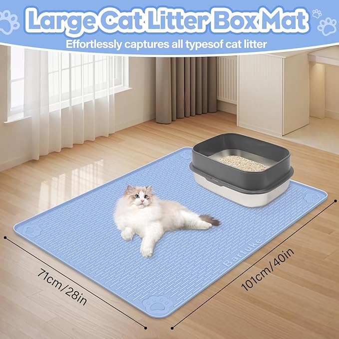 Bartuke Cat Litter Mat, Extra Large 40" x 28" Silicone Mat Litter Trapping Mat for Scatter Control, Soft on Kitty Paws, Easy to Clean (Blue)