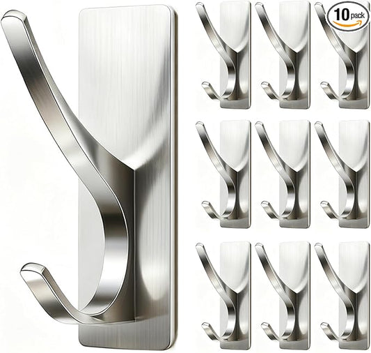 pickpiff Self Adhesive Coat Hooks for Hanging: Heavy Duty Stainless Wall Hook for Towel, Utensil, Backpack, Hat, Sturdy Metal Hanger for Bathroom, Kitchen, Door, Brushed Nickel 10 Pack