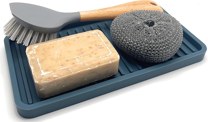 Happitasa Silicone Kitchen Sink Organizer Tray, Sponge Holder and Countertop Protector | Bathroom and Kitchen Soap Dish and Dispenser Tray (Smoky Blue, 10"x5.25")