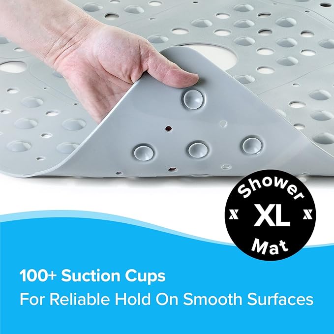 SlipX Solutions 27" Oversize Square Shower Mat, Non-Slip Mat for Elderly & Kids, 100+ Power Grip Suction Cups for Smooth Surfaces, Machine Washable, Solid Gray