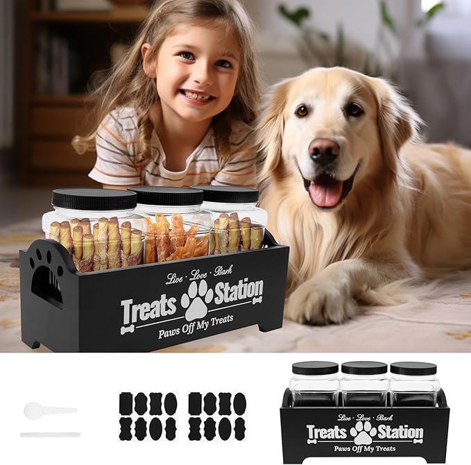 KarHoeGern Dog Treat Container for Countertop Dog Food Storage with 3 Plastic Treat Jars Wood Dog Food Container with Handles and Lids Farmhouse Practical Pet Cat Dog Treat Storage Containers (black)