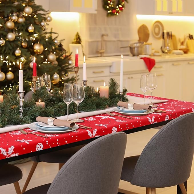 misaya Rectangle Vinyl Tablecloth, Fitted Table Cover, 100% Waterproof, Elastic Edge, Flannel Backing, Plastic Table Cloth Fit 6 Foot Folding Tables for Christmas Dinner (Bells, 30x72 inch)