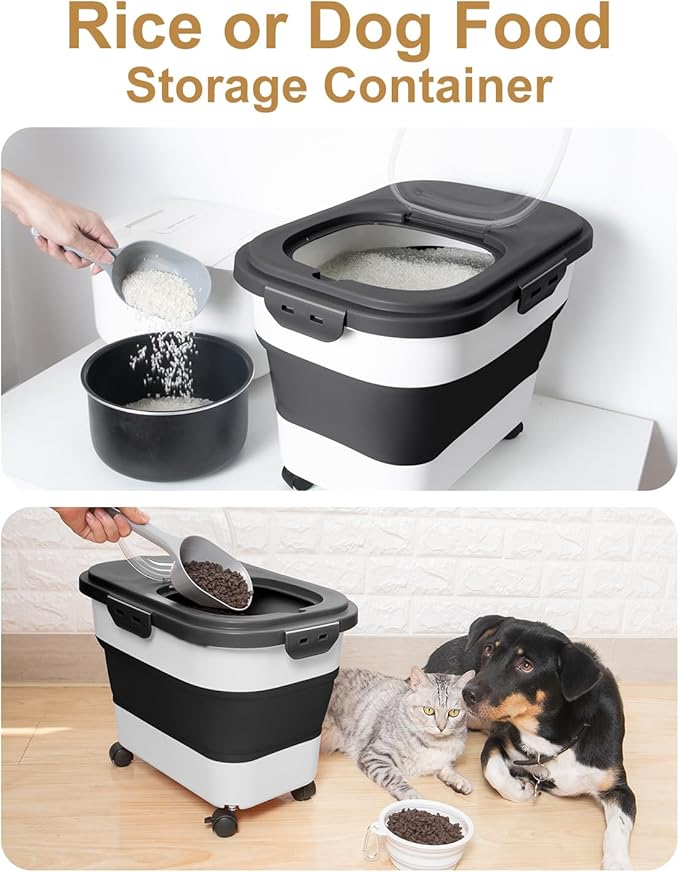 DDMOMMY 20-30 Lbs Rice Storage Container,Collapsible Food Storage Containers with Rolling Wheel Airtight Locking Lid,Flour Storage Container with Cup and Scoop,Suitable for Food,Rice,Pet Food,Flour