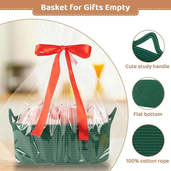 Large Empty Gift Baskets for Baby Shower, 16.5"L x 12.6"W x 7"H Cute Woven Storage Basket with Gift Bags and Ribbons, Small Rope Toy Basket with Handles, Cat Dog Pet Toy Organizer - Green